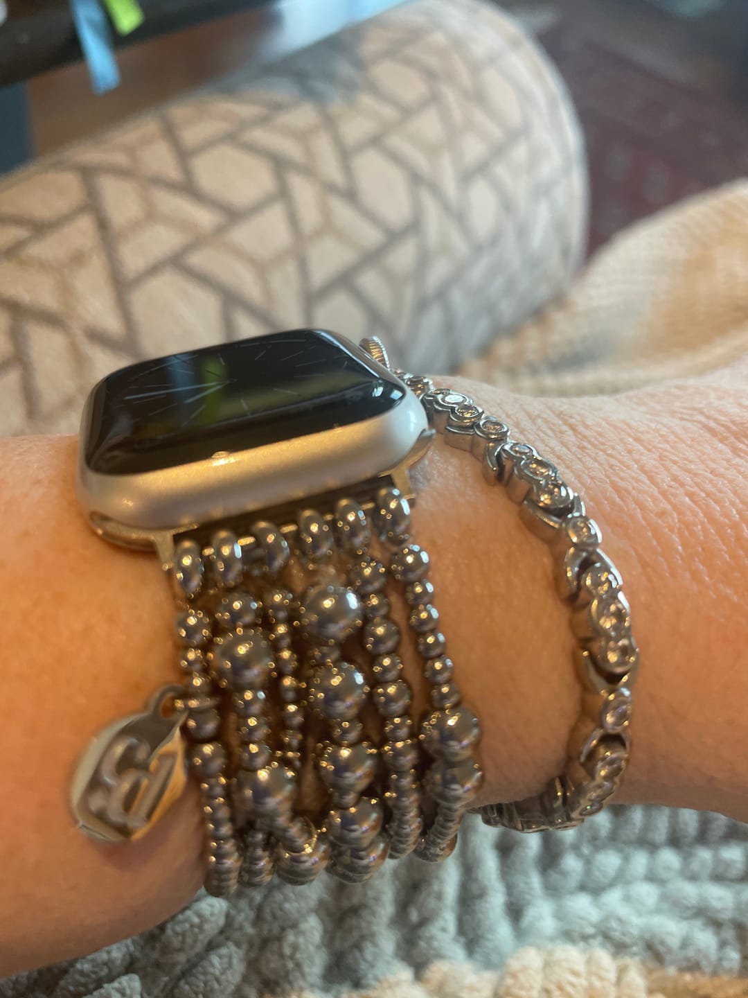 Customer photo review of Platinum Demure Stretch Apple Watch Strap
