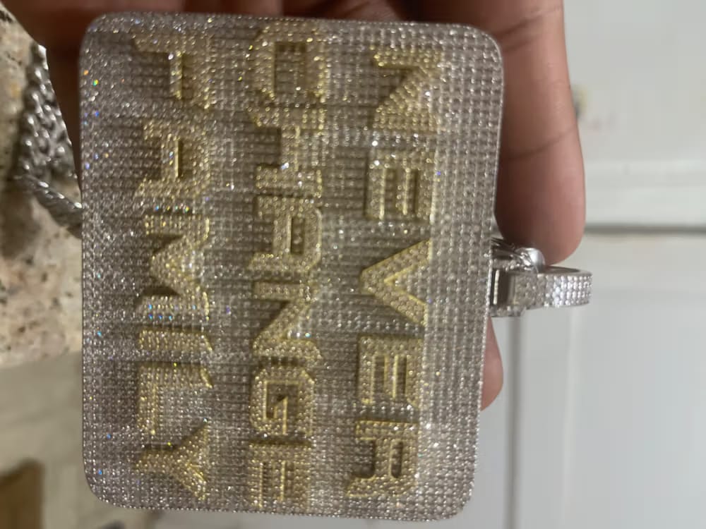 Customer photo review of Custom Diamond-Set 3D Letter Rectangular Pendant – 80mm