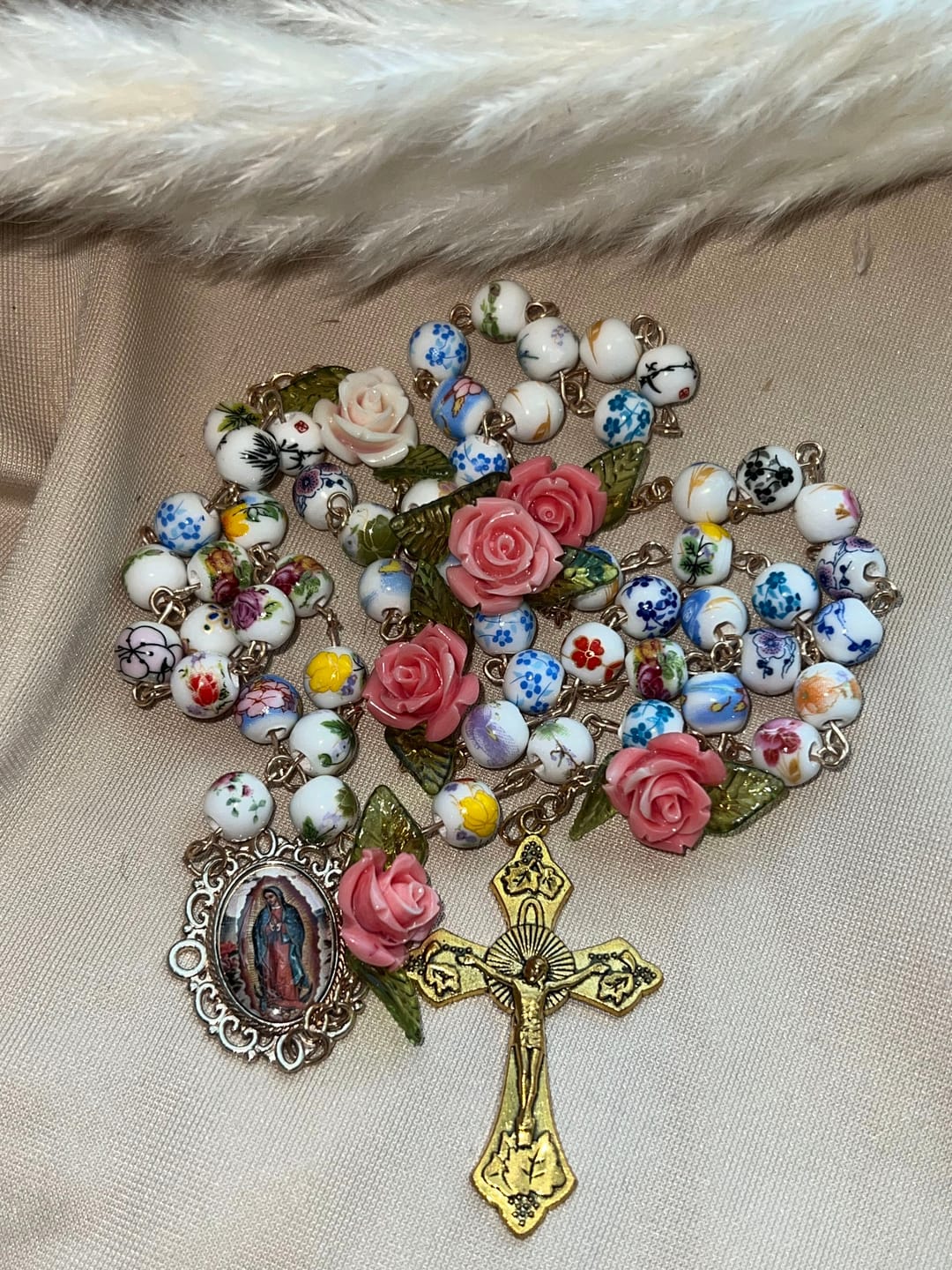 Customer photo review of SolaceBeads Vintage Mixed Floral Ceramic Rosary With Guadalupe & Crucifix: Timeless Garden