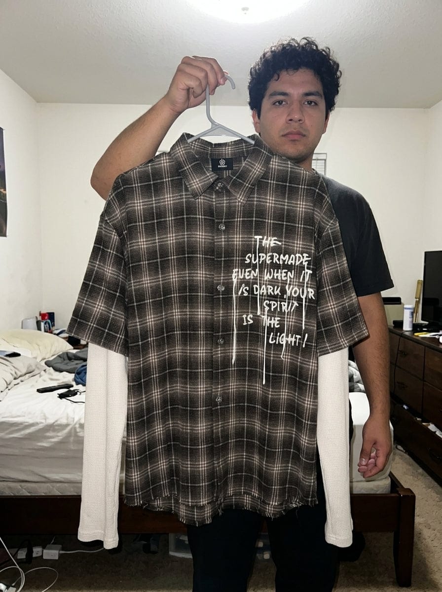 Customer photo review of Cotton Street Distressed Plaid Faux Two-Piece Shirt