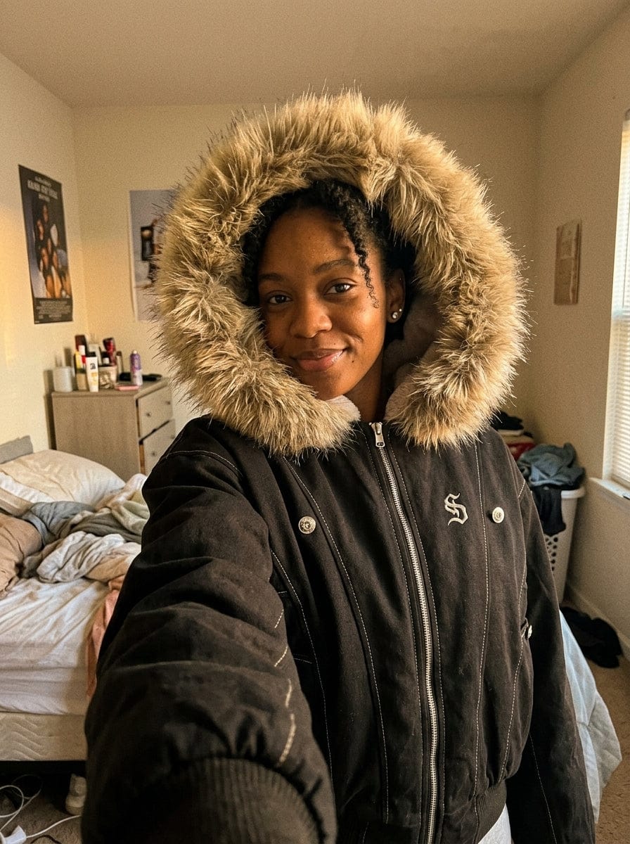 Customer photo review of Faux Fur Lined Zip Up Winter Hooded Bomber Jacket - 2560