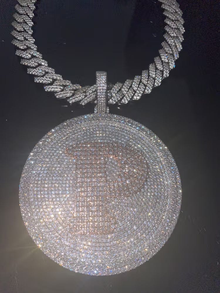 Customer photo review of Iced-Out Diamond Custom Letter 3D Large Disc Pendant – 80mm