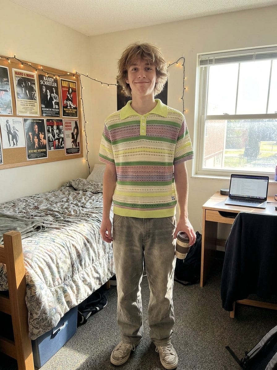 Customer photo review of Pastel Striped Crochet Knit Short Sleeve Polo Shirt