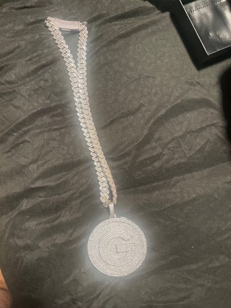 Customer photo review of Iced-Out Diamond Custom Letter 3D Large Disc Pendant – 80mm