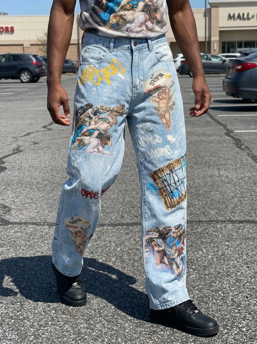 Customer photo review of Retro Artistic Graffiti Angelic Prints Baggy Jeans - 2574