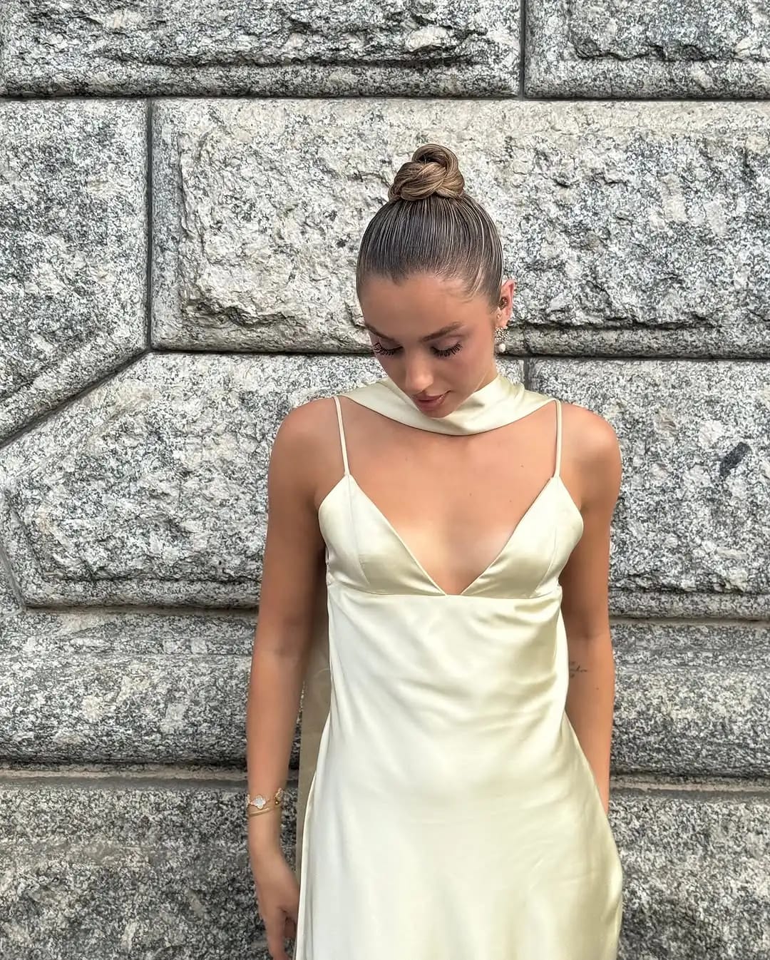 Customer photo review of Astraea Satin Maxi Dress with Scarf