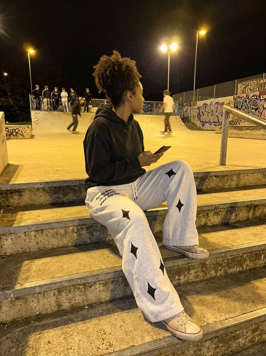 Customer photo review of Spray Paint Star Print Distressed Sweatpants
