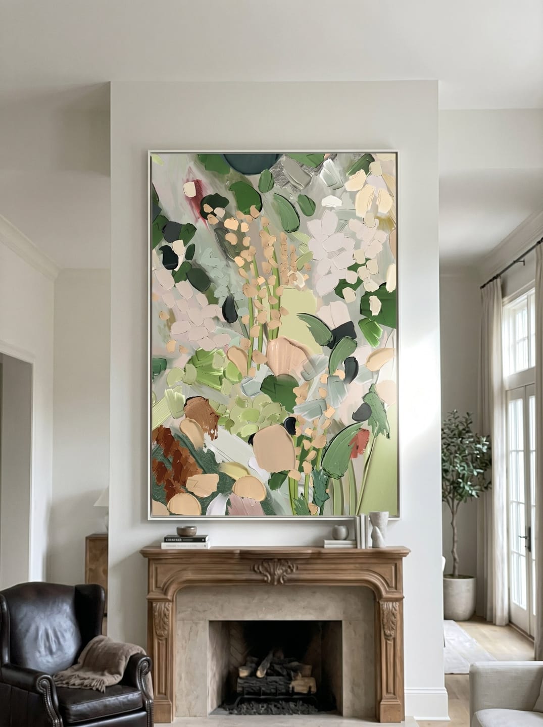 Customer photo review of The Secret Garden – Modern Sage Green Impasto Floral Painting | Organic Living Room Vertical Canvas Art