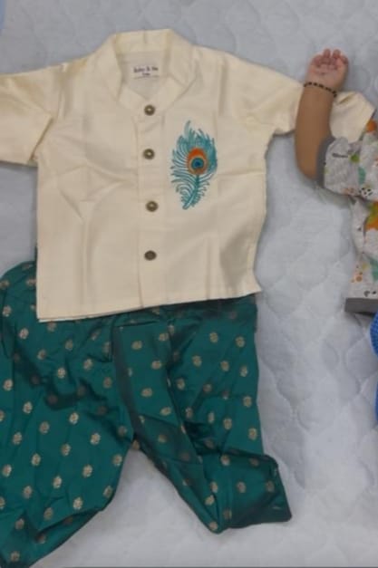 Customer photo review of Baby Boy Krishna Dress - White and peacock blue feather embroidered kurta dhoti ethnic dress for baby boy