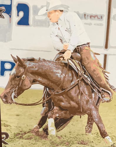 Customer's finished painting from a Custom Paint by Numbers Kit, showing a person riding a horse.