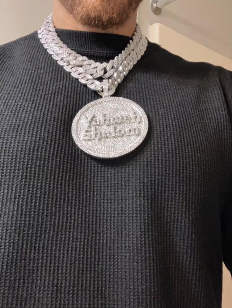 Customer photo review of Iced-Out Diamond Custom Letter 3D Large Disc Pendant – 80mm