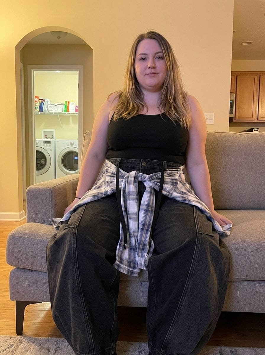 Customer photo review of Denim Faux Two-piece Plaid Detachable Scimitar Jeans - 2435