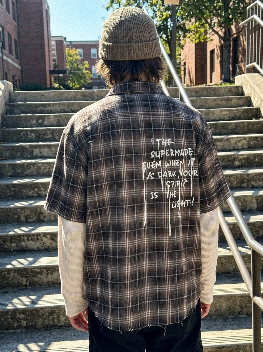 Customer photo review of Cotton Street Distressed Plaid Faux Two-Piece Shirt