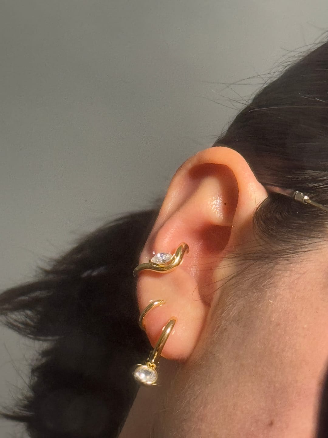 Customer photo review of Ripple Marquise Hoops Gold Pair