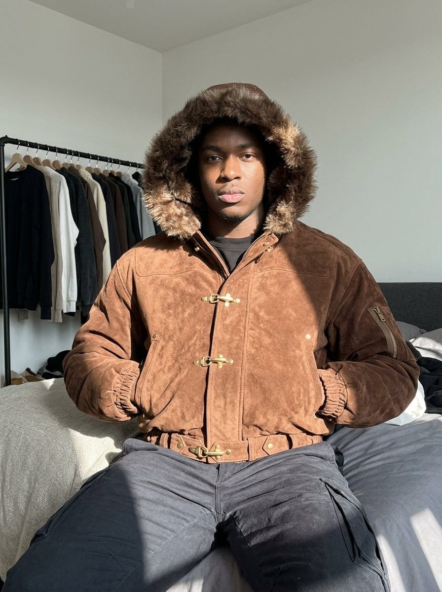 Customer photo review of Streetwear Metal Clip Faux Fur Hooded Suede Bomber Jacket - 2597