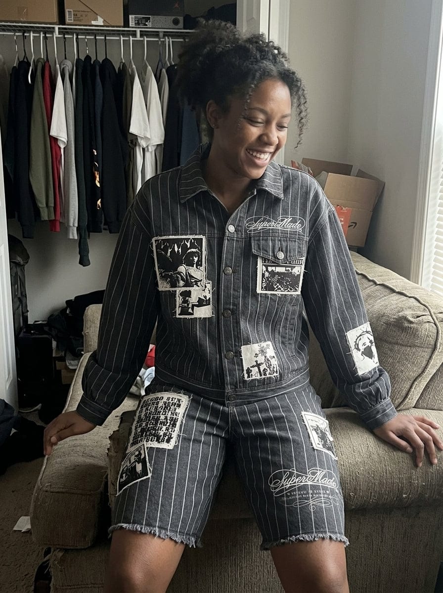Customer photo review of Vintage Pinstripe Patchwork Baggy Denim Set