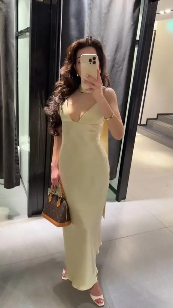 Customer photo review of Astraea Satin Maxi Dress with Scarf