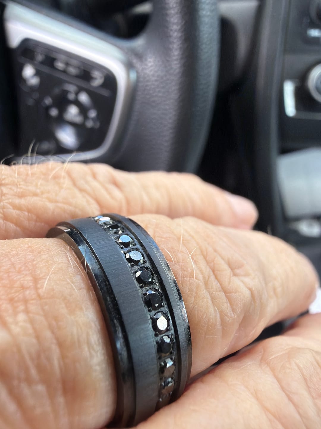 Customer photo review of 8mm Black Titanium Wedding Ring with Round Black Diamonds