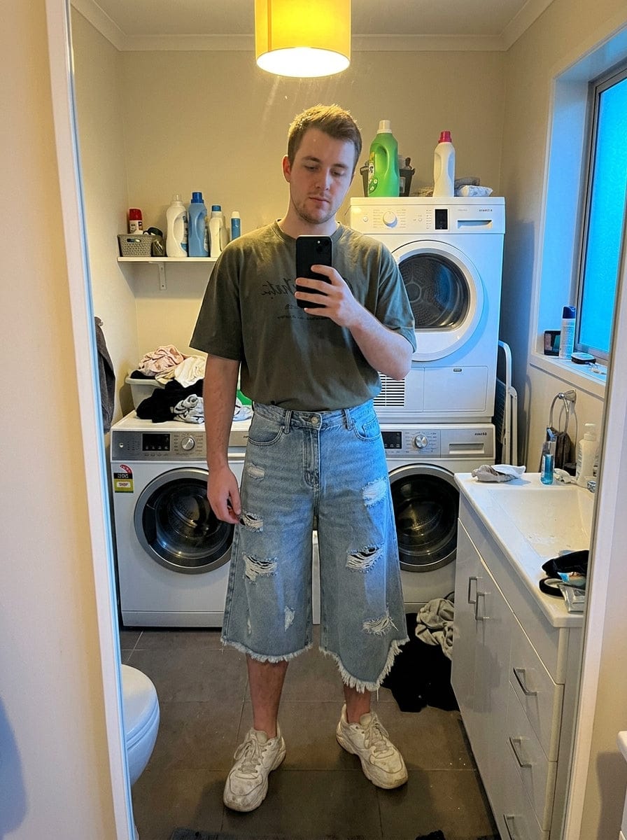 Customer photo review of Distressed Light Wash Denim Shorts