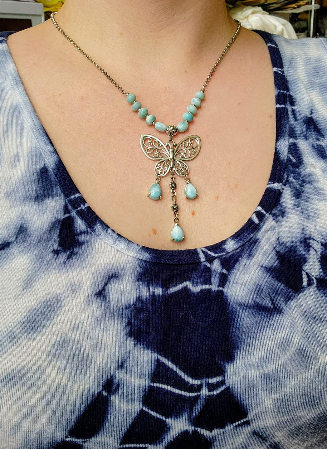 Customer photo review of Premium Larimar Butterfly Necklace in Silver