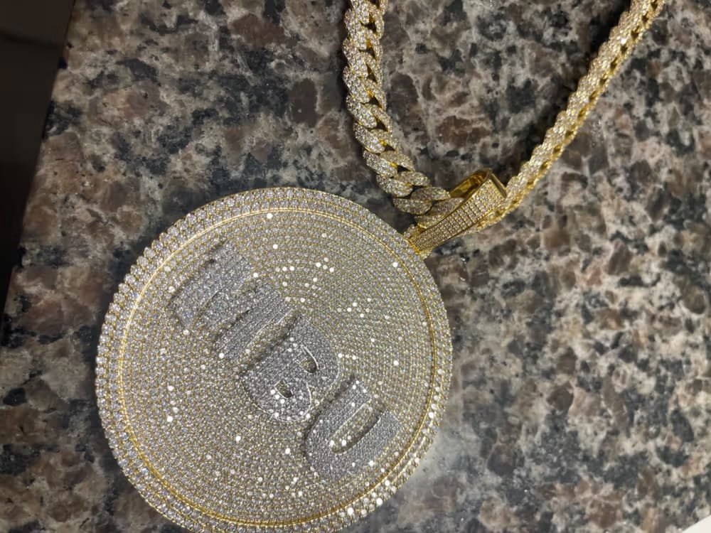 Customer photo review of Iced-Out Diamond Custom Letter 3D Large Disc Pendant – 80mm