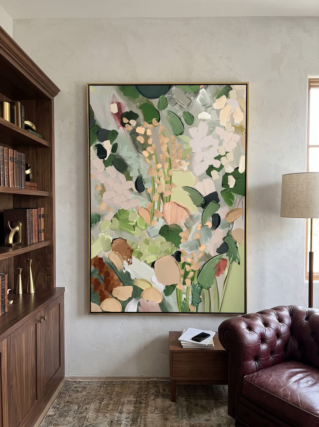 Customer photo review of The Secret Garden – Modern Sage Green Impasto Floral Painting | Organic Living Room Vertical Canvas Art