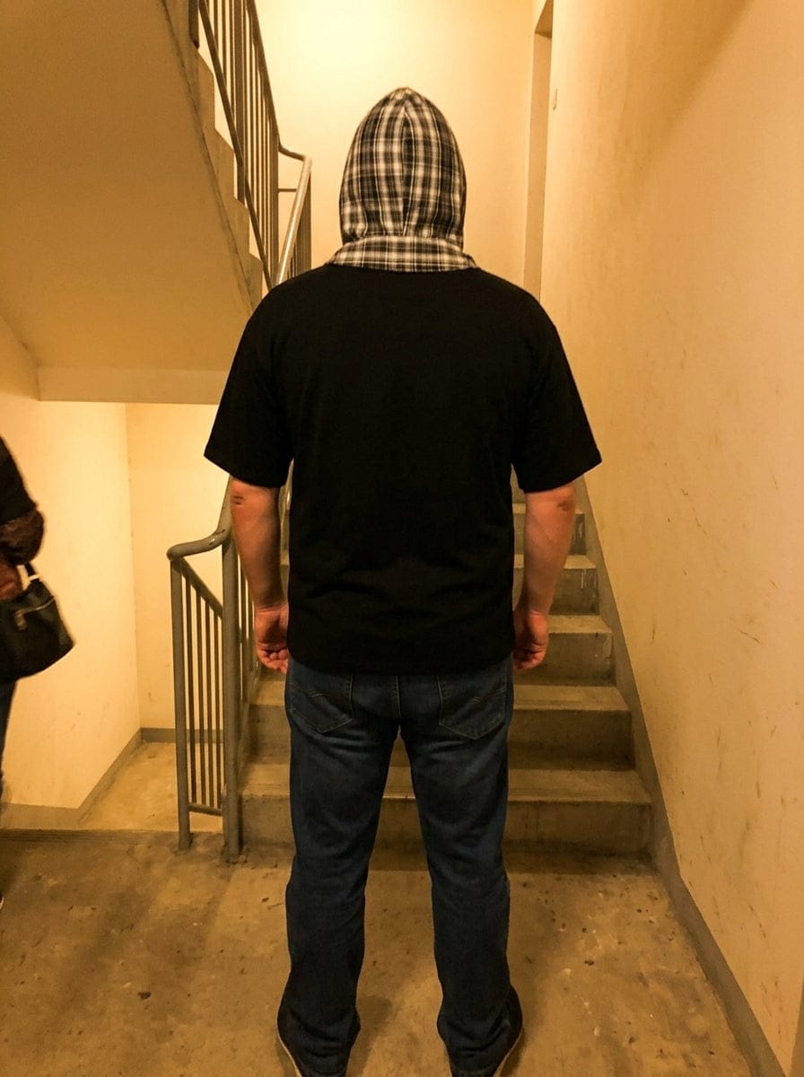 Customer photo review of Jersey Knit Detachable Badge Hooded Plaid Cape T-Shirt