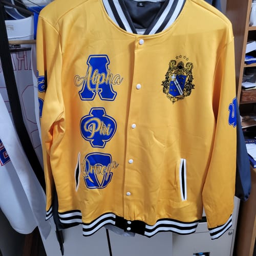Customer photo review of Fraternity Jacket - Personalized Alpha Phi Omega Baseball Jacket Original Yellow Style