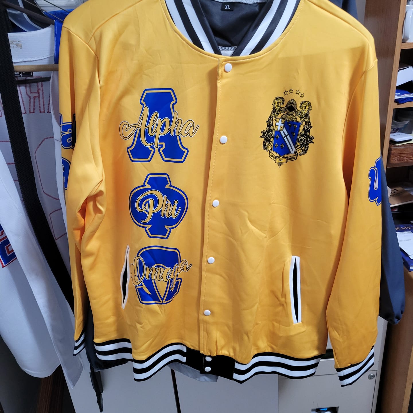 Customer photo review of Fraternity Jacket - Personalized Alpha Phi Omega Baseball Jacket Original Yellow Style
