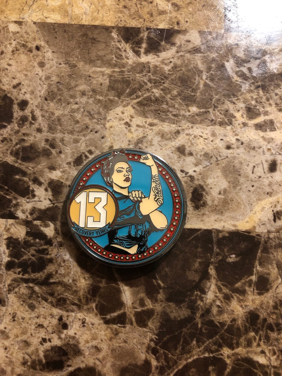 Customer photo review of Rosie Recovery Strength 13 Year AA/NA Medallion - Tri-Plate Thirteen Year Chip/Coin