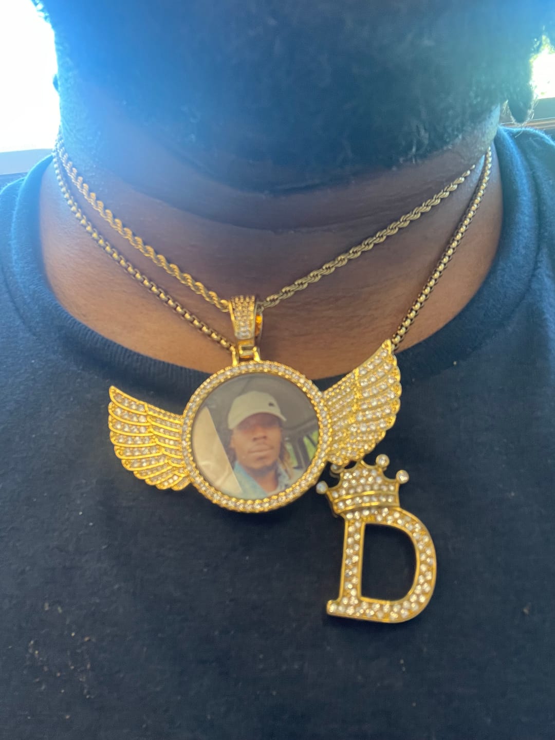 Customer photo review of Diamond Studded Angel Wing Photo Necklace