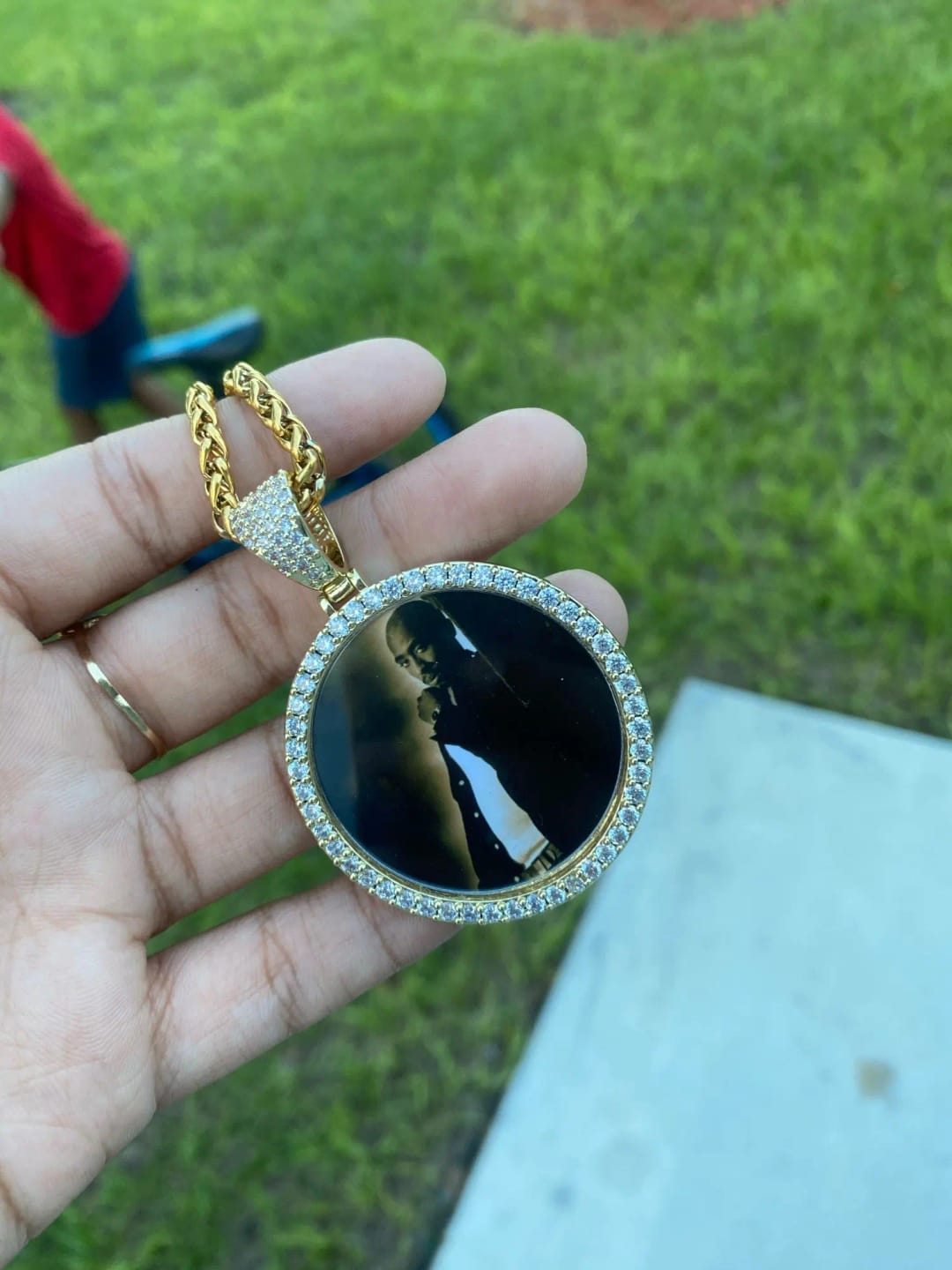 Customer photo review of Medallion Photo Necklace With Picture Inside – From Son or Daughter – Custom Personalized Pendant