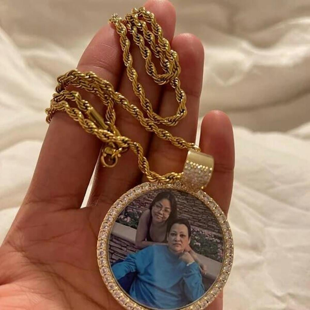 Customer photo review of Medallion Photo Necklace With Picture Inside – From Son or Daughter – Custom Personalized Pendant