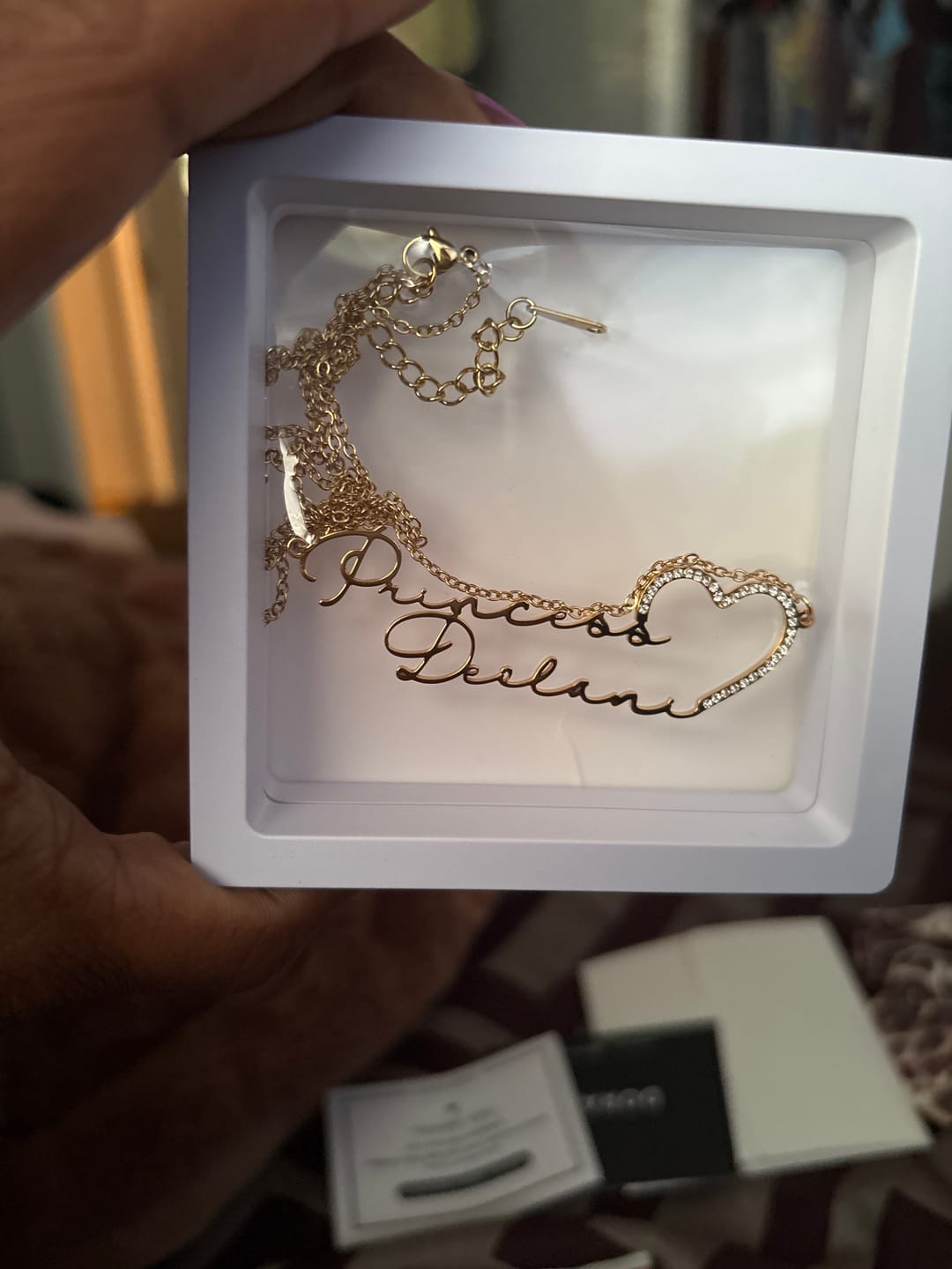 Customer photo review of Iced Heart Double Script Name Necklace