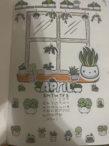 Reviewer's bullet journal page for April decorated with many cute Cozy Plants Planner Kit stickers.