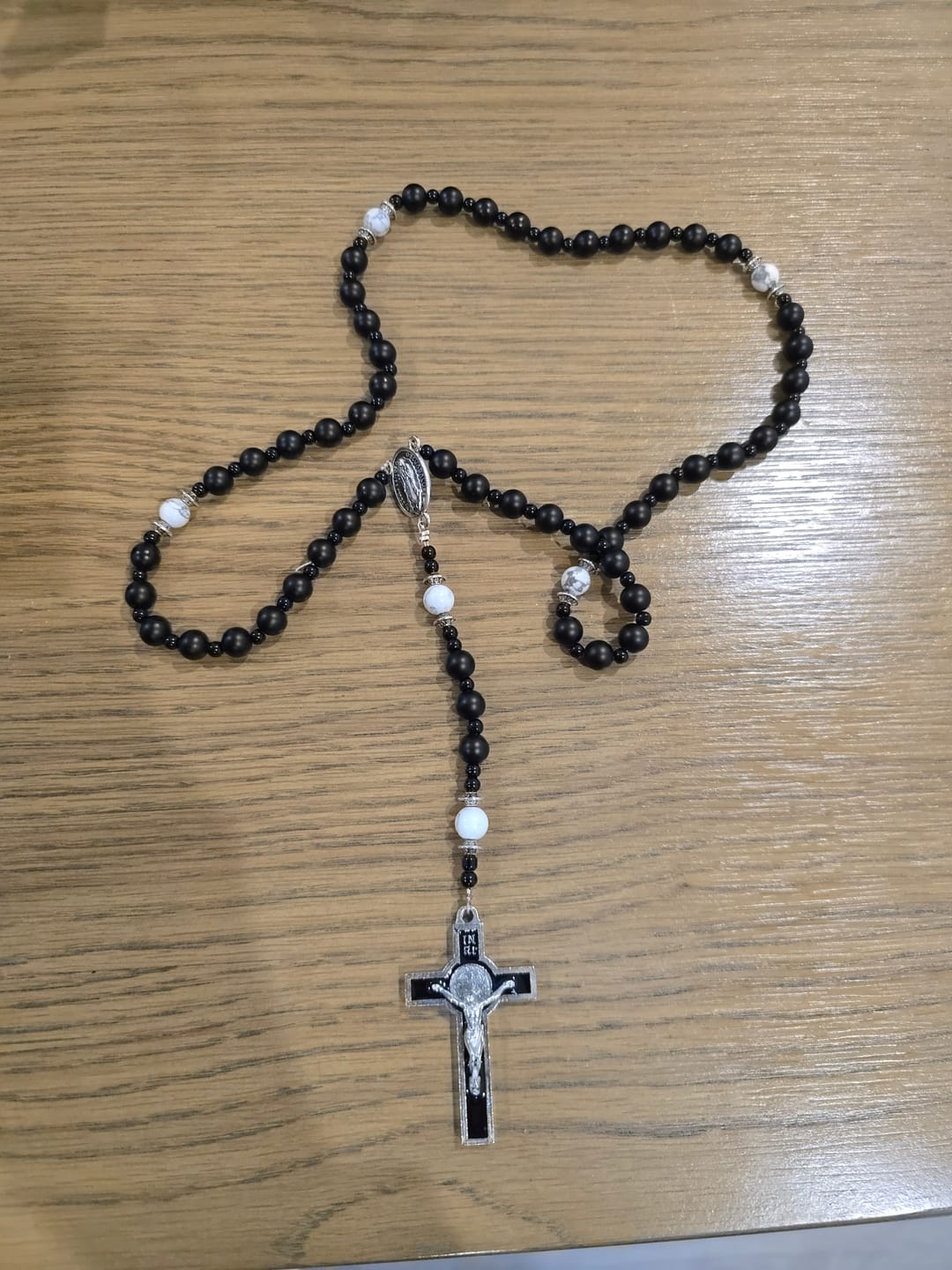Customer photo review of Christianartworkshop Handcrafted Matte Black Beads Rosary with Silver Crucifix & Miraculous Medal