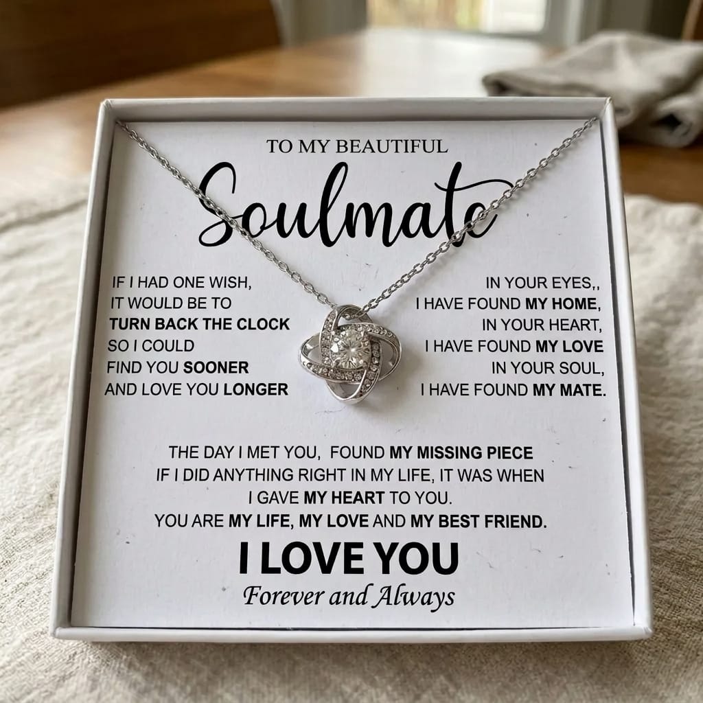 Customer photo review of To My Beautiful Soulmate - Love Knot Necklace - Meaningful Anniversary & Birthday Gift for Her