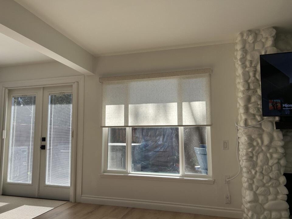 Customer photo review of Smart Motorized Light Filtering Roller Shades 70% Blackout Linen Translucent