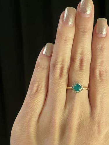 Customer photo review of Emerald & Diamond Halo Ring in 9ct Yellow Gold