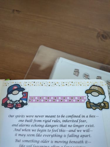 Customer shows two shipping-themed gnome stickers used as decorative corner accents on a page.