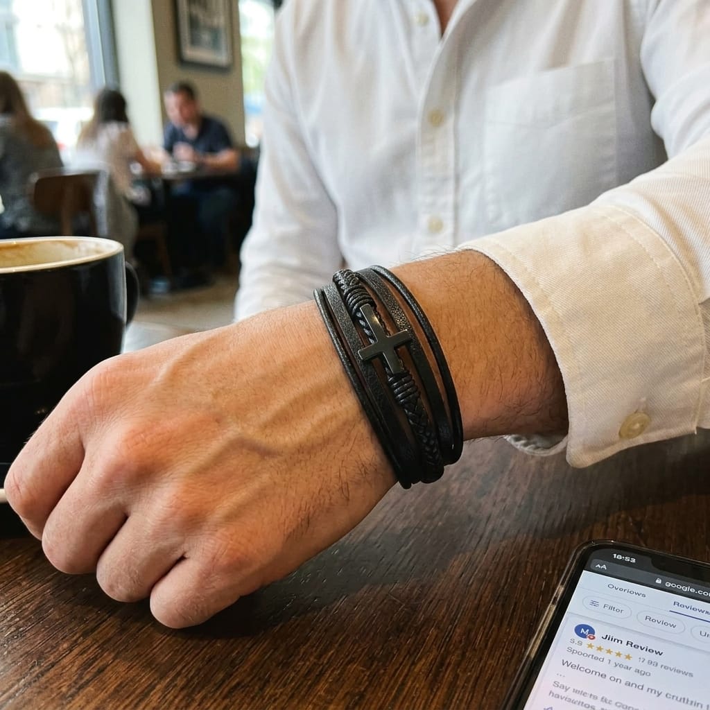 Customer photo review of To My Husband "We Did It" Leather Cross Bracelet - Romantic Anniversary Gift