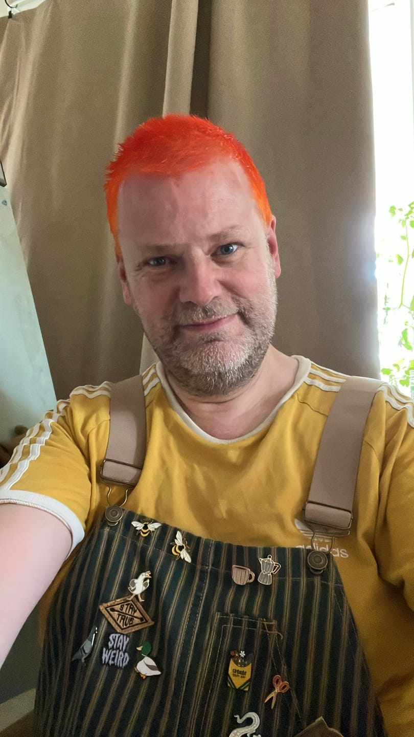 Customer photo review of “STAY TRUE” Embroidered Patch Two-Tone Striped Overalls