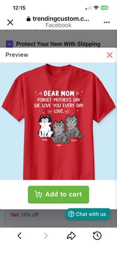 Reviewer's preview of the personalized red shirt with a 'Dear Mom' message and three cartoon cats.