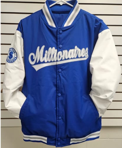 Customer's custom blue and white varsity jacket with 'Millionaires' stitched in white script on the chest.