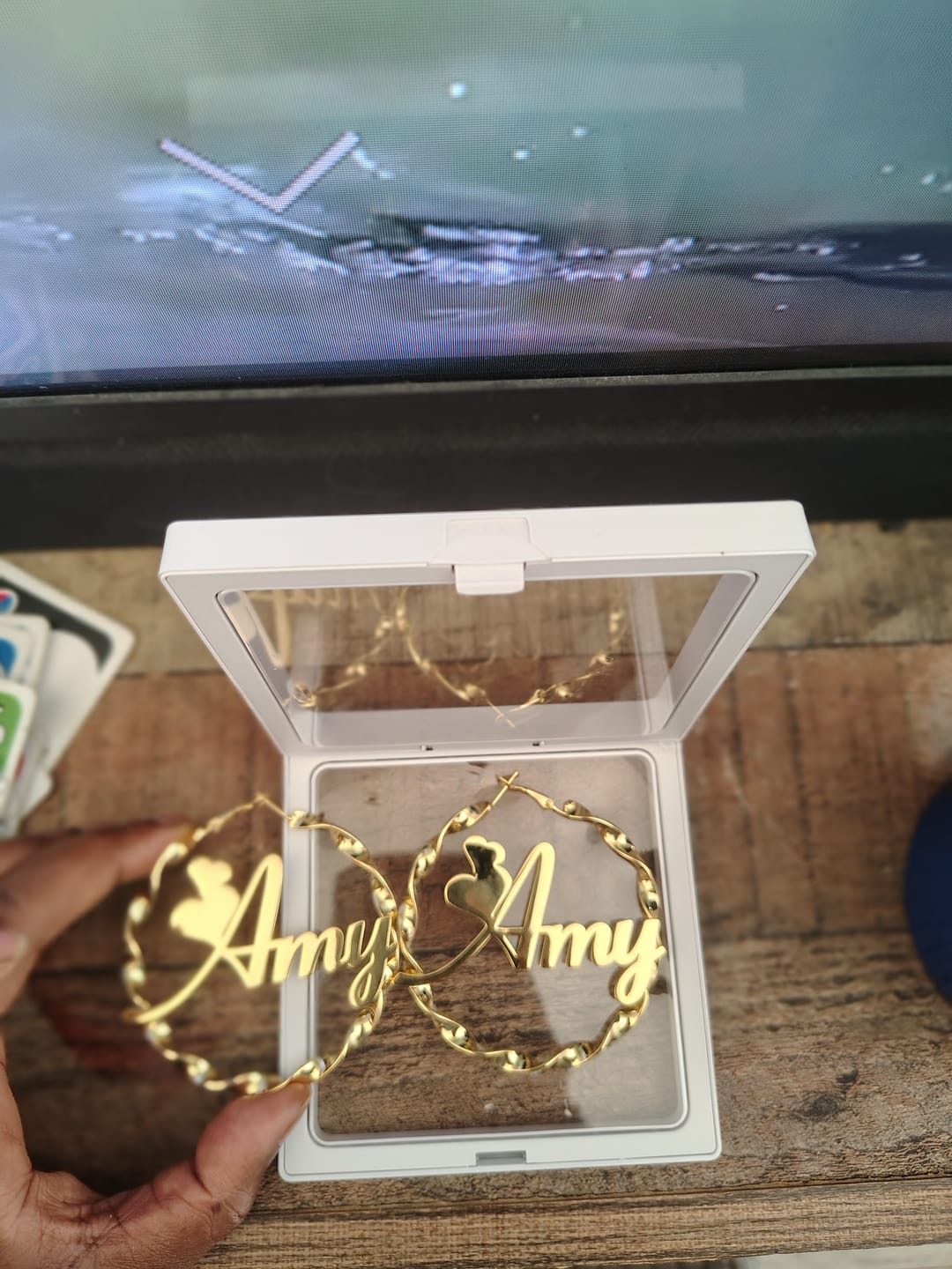 Customer photo review of Name Twirl Hoop Earrings