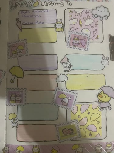 Customer's bullet journal page using cute bunny and ducky stickers from the Rainy Days Box Set to decorate a listening log.