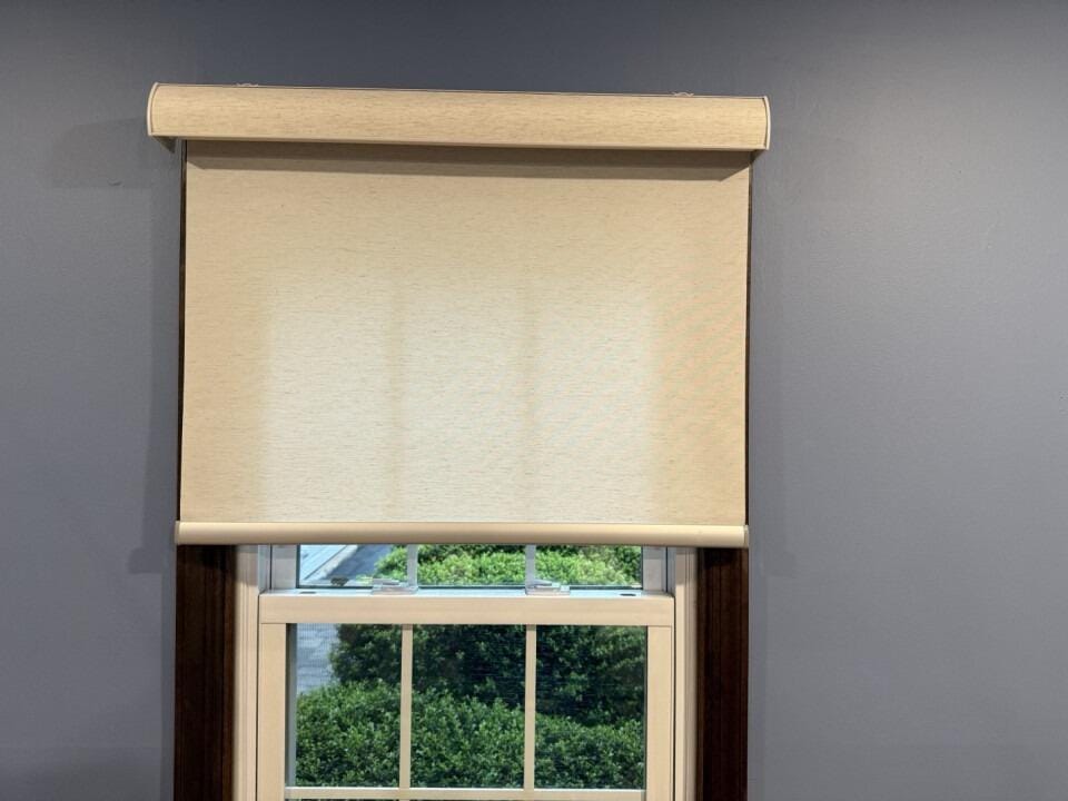 Customer photo review of Smart Motorized Light Filtering Roller Shades 70% Blackout Linen Translucent