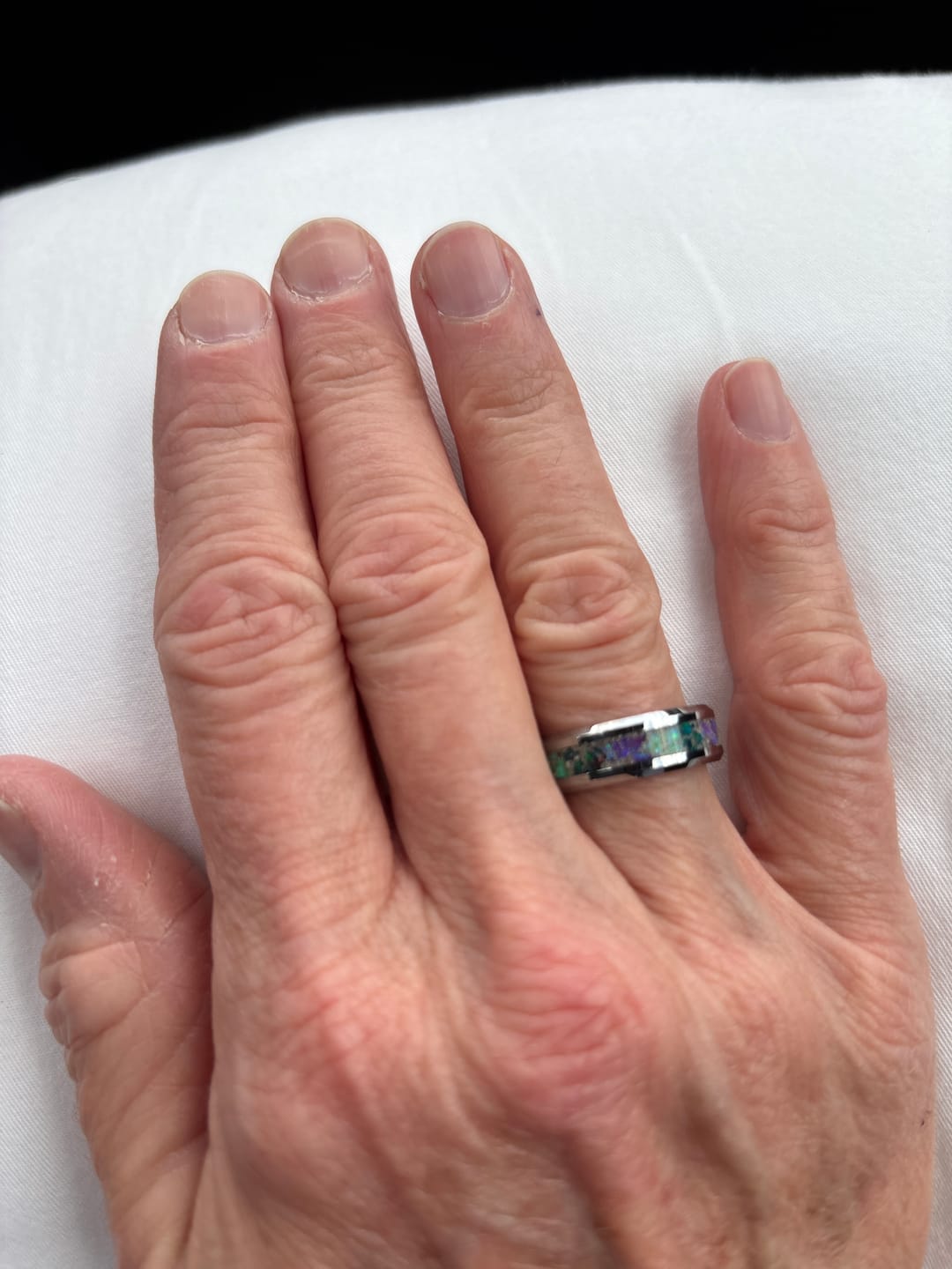 Customer photo review of Tungsten Opal Ring with Cremation Ashes