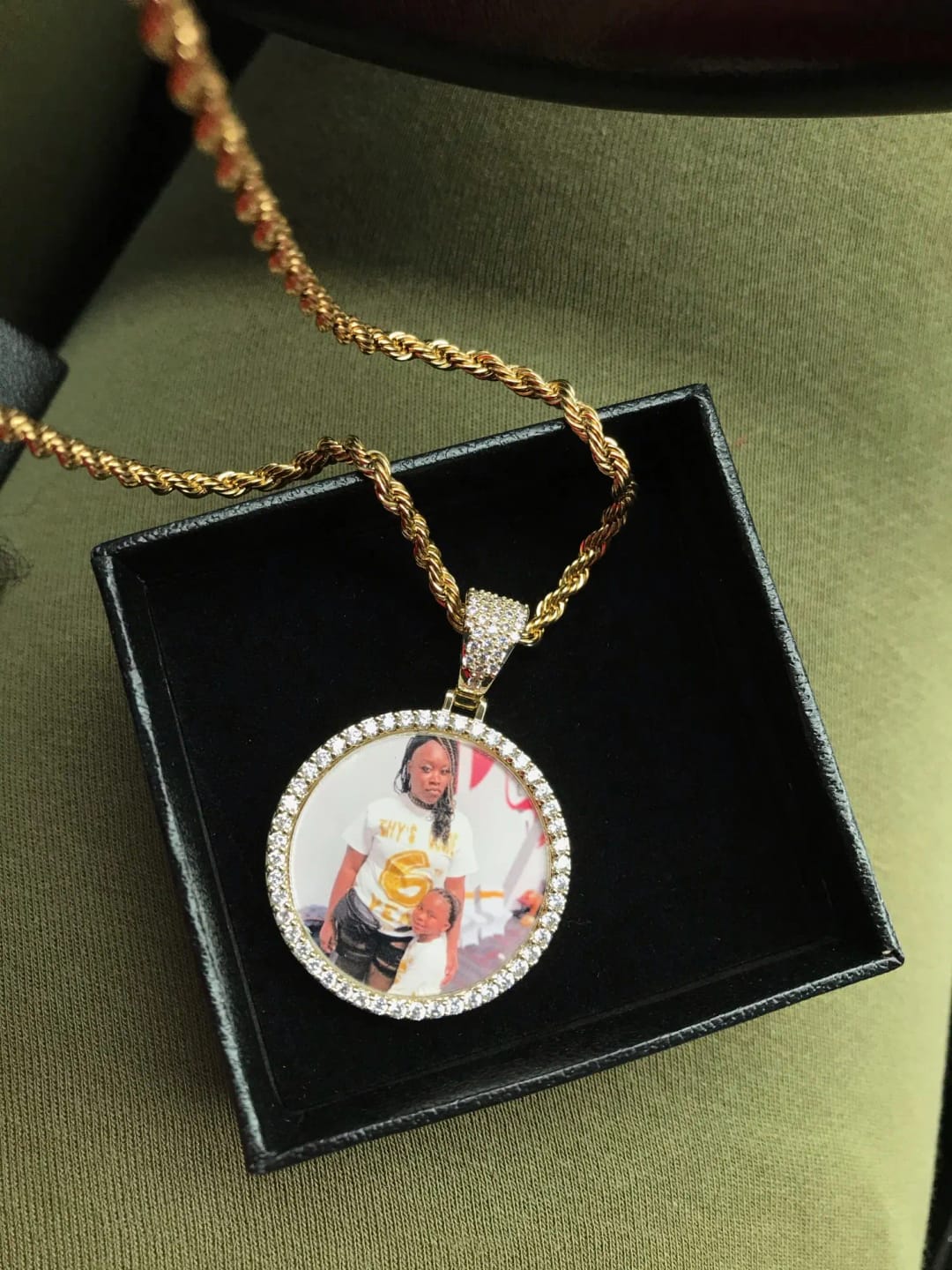 Customer photo review of Medallion Photo Necklace With Picture Inside – From Son or Daughter – Custom Personalized Pendant