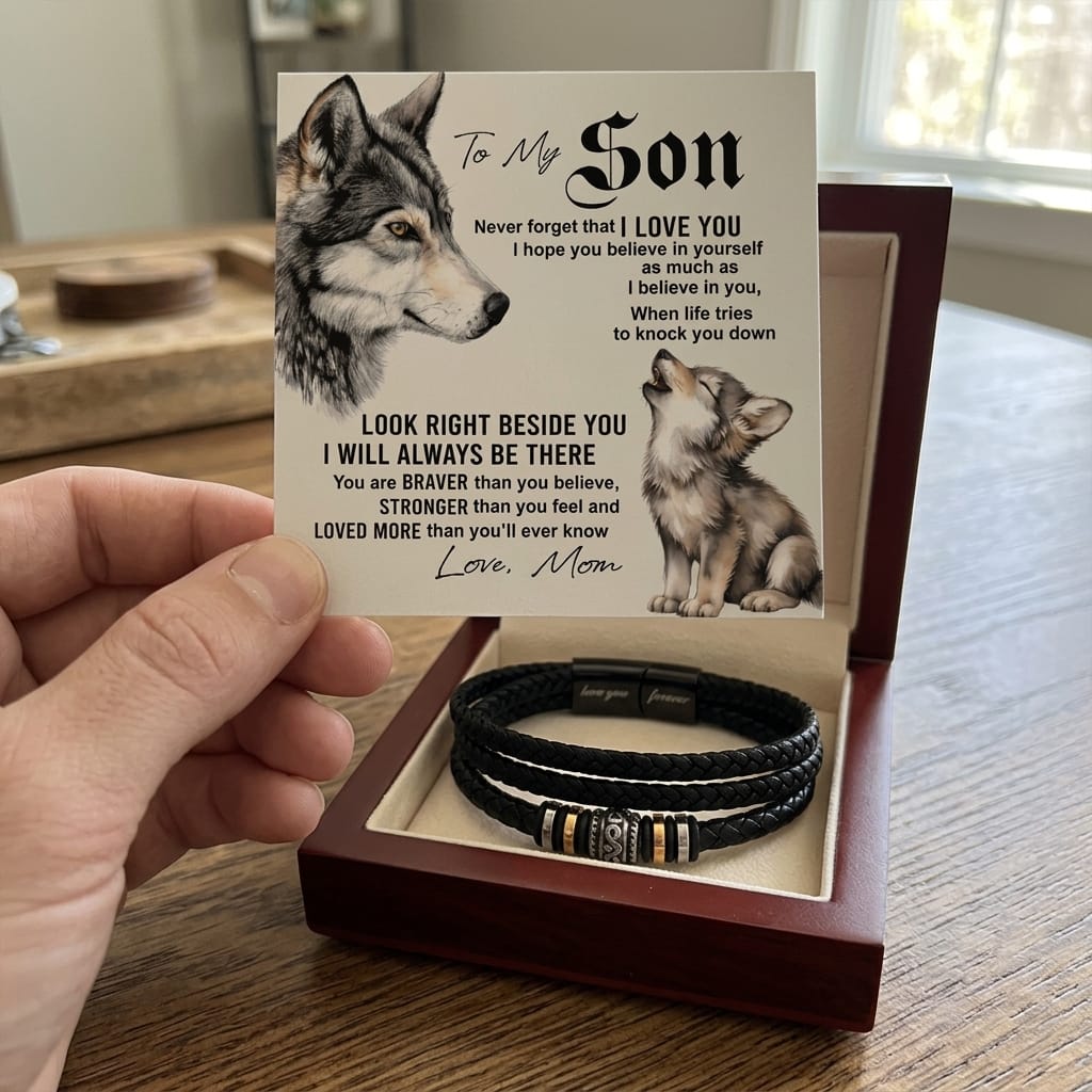 Customer photo review of To My Son - "Love You Forever" Engraved Leather Braided Bracelet from Mom